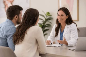 Fertility specialist reviewing first fertility appointment questions with a patient in Louisville, Kentucky.