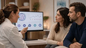 Fertility specialist reviewing unexplained infertility test results with a patient couple